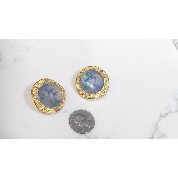 Vintage Blue Green Marbled Dome Clip On Earrings Gold Tone 1980s Statement - Picture 5 of 7